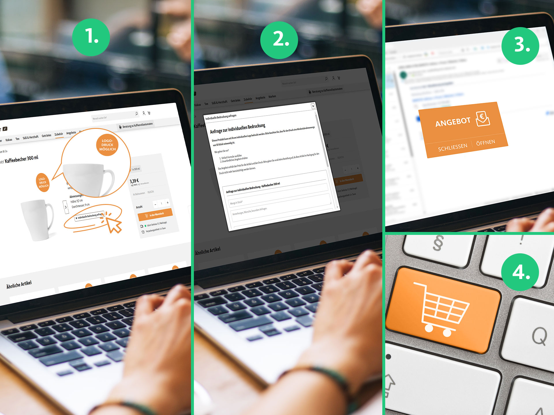 Individuellen Druck für Tassen, Gläser, Flaschen und mehr direkt im Online-Shop anfragen
