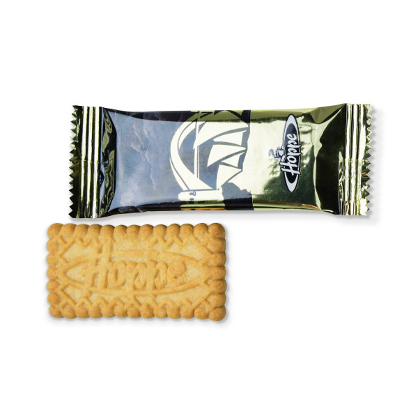 Hoppe Keks mit Logoprägung und Einzelverpackung in Nahaufnahme