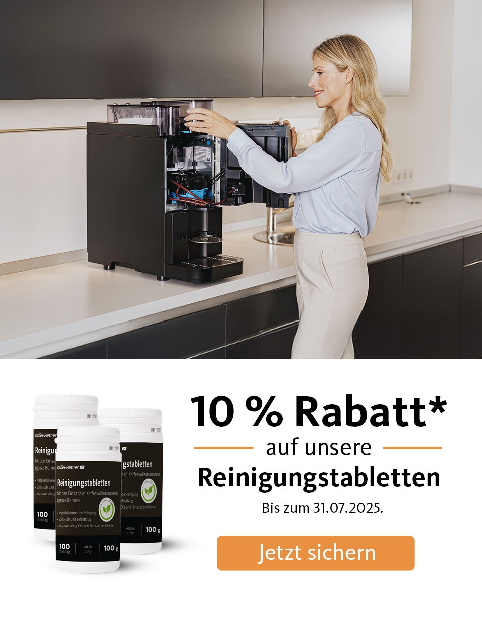 Monatsaktion Juli - 10 % Rabatt auf Reinigungstabletten für Kaffeevollautomaten